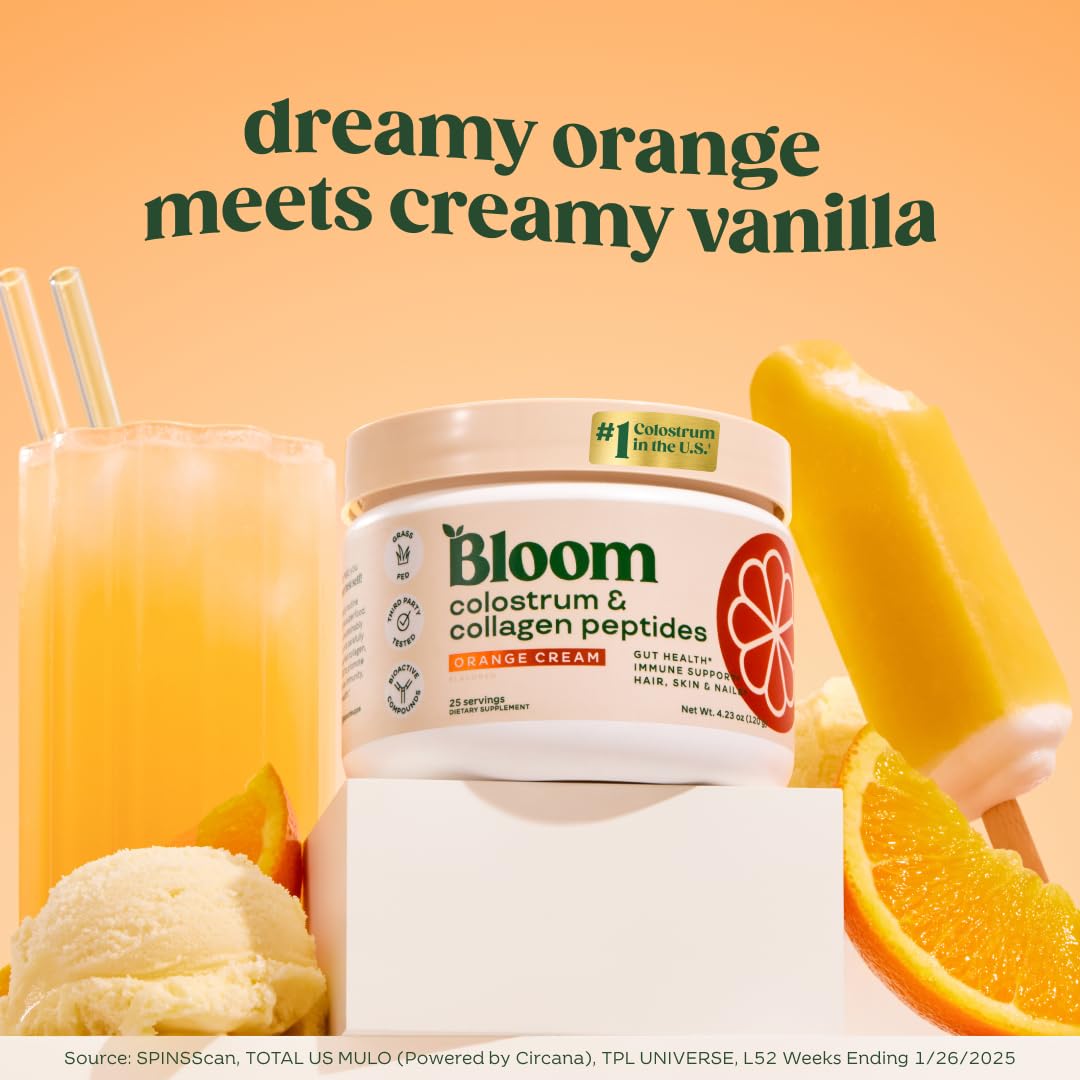 Poudre Bloom Nutrition Colostrum Bovin Orange Crème avec doseur facile dans les boissons