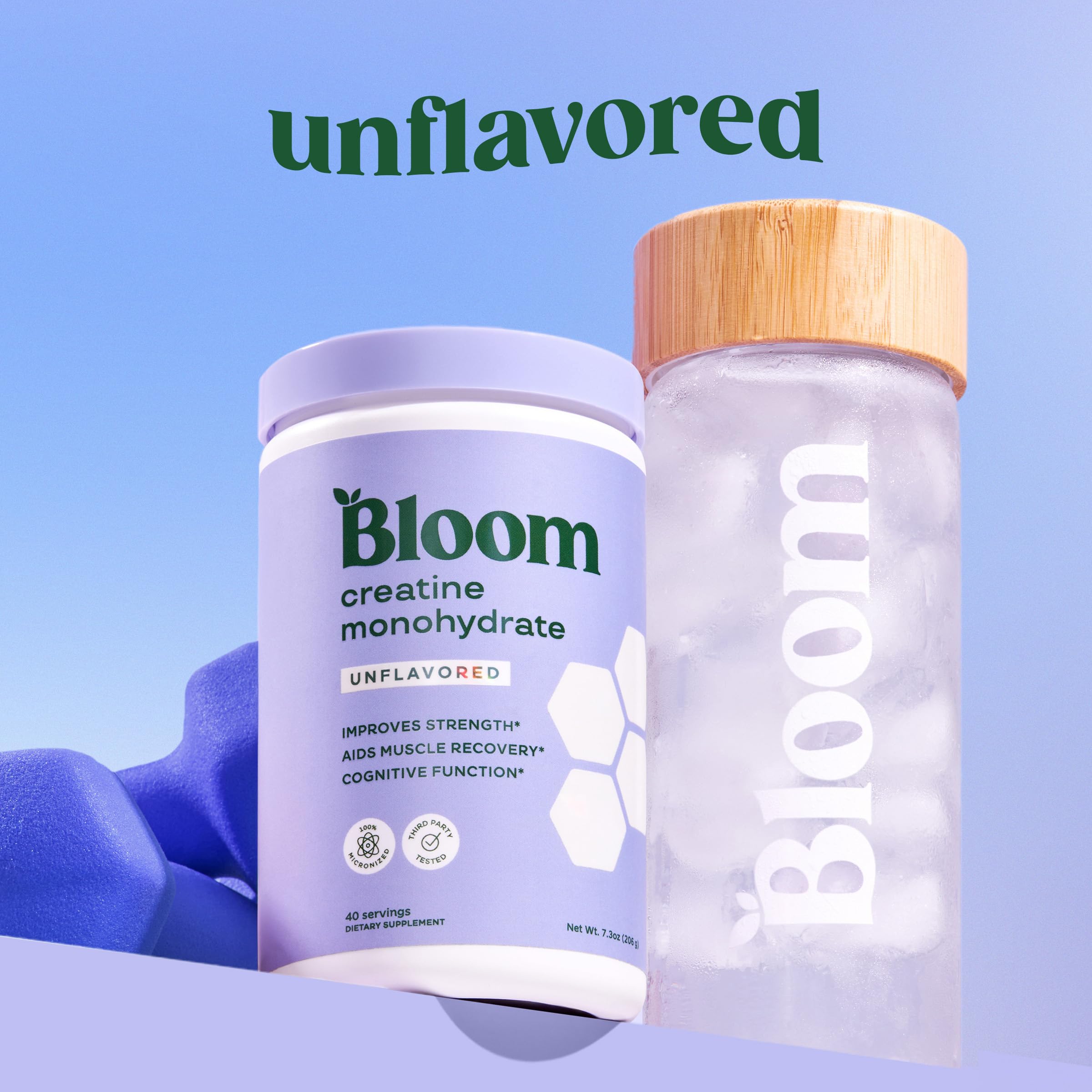 Bloom Nutrition Creatine Monohydrate, préparation pré-entraînement diluée pour l’endurance.