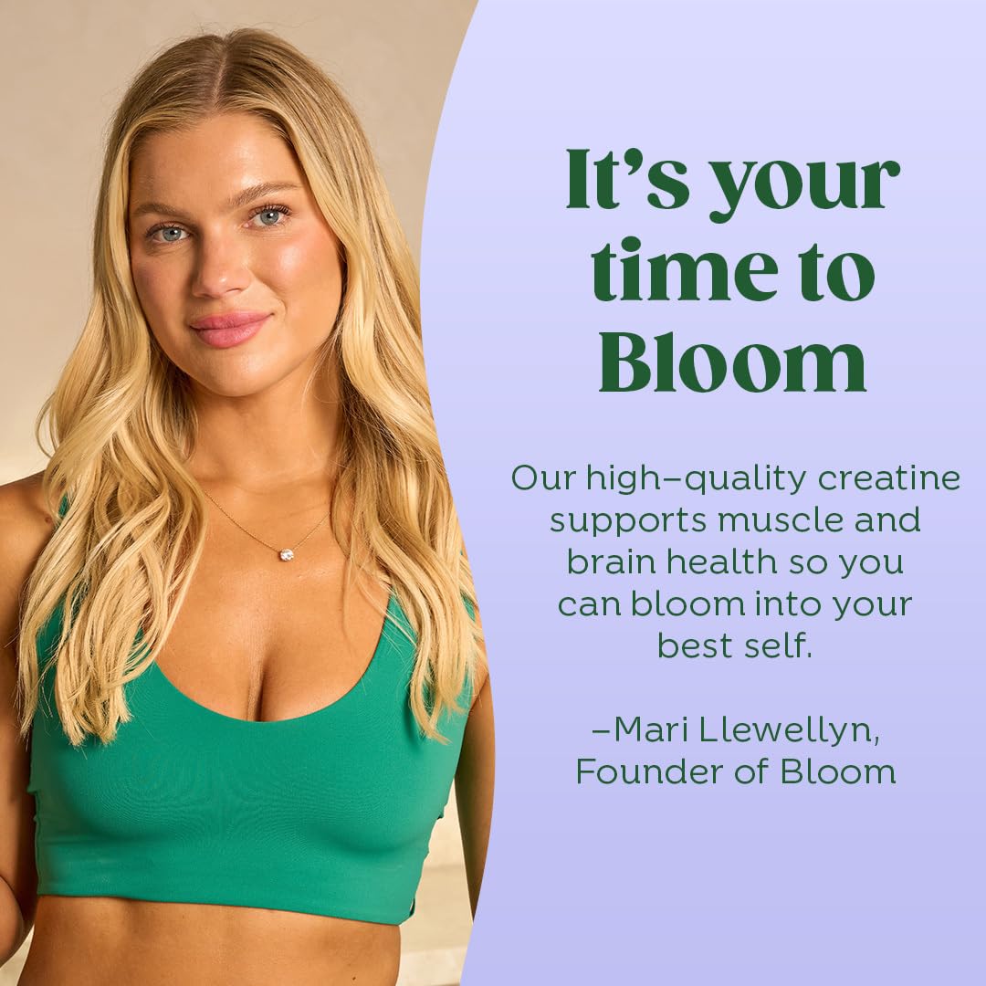 Bloom Nutrition Creatine Monohydrate, poudre vegan et sans gluten, adaptée à divers régimes.