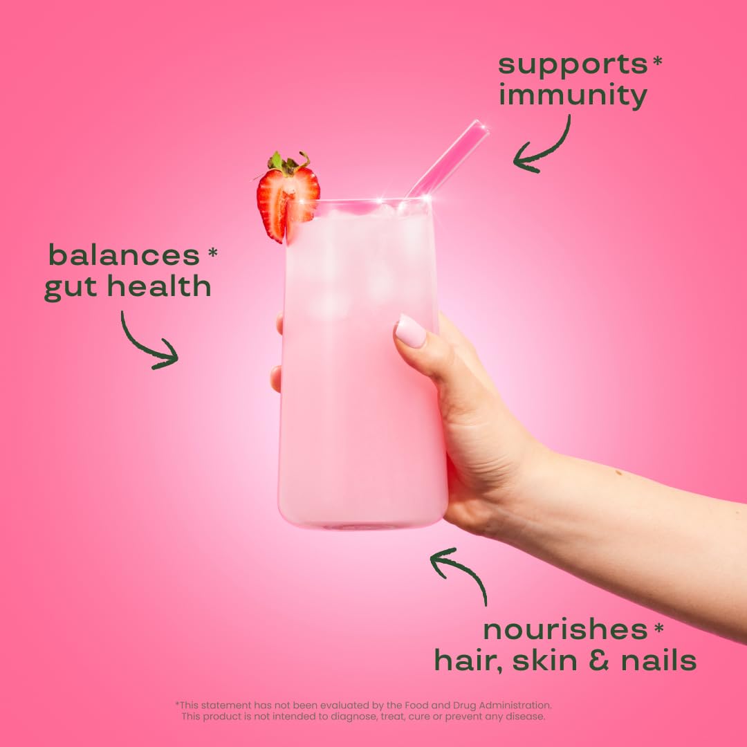 Bloom Nutrition étiquette fraise sur l'emballage, goût agréable et utilisation polyvalente.