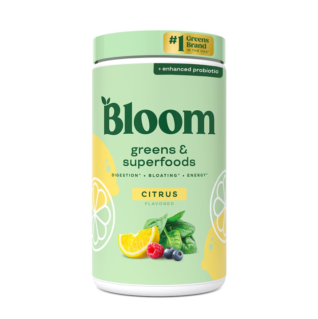 Bloom Nutrition Greens poudre emballage citrique, prêt à ajouter à votre routine.
