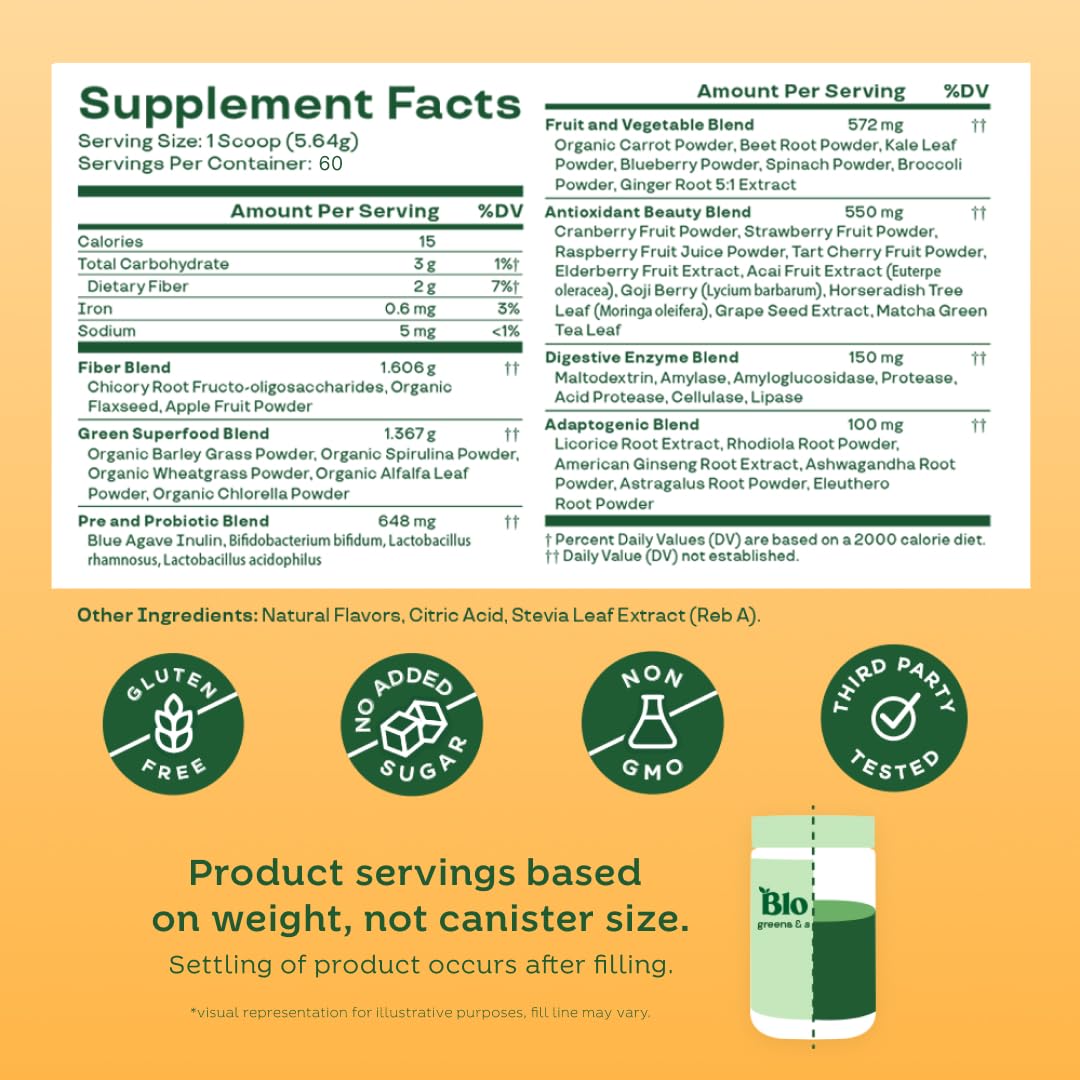 Bloom Nutrition Greens Poudre Ingrédients Naturels: mélange sain pour smoothie rapide.