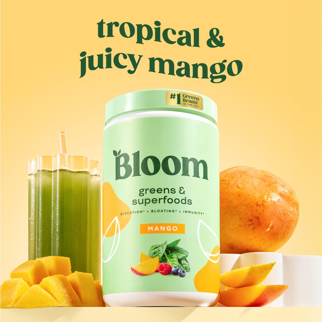 Bloom Nutrition Greens Poudre Mangue Verre Glacé: boisson fruitée pour énergie et hydratation.