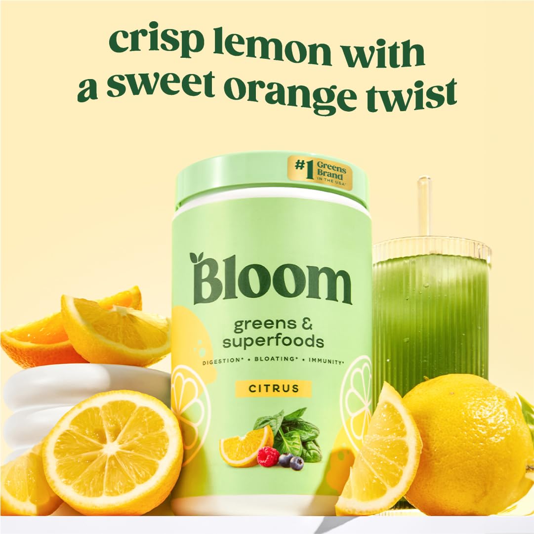 Bloom Nutrition Greens poudre smoothie citrus, idéal pour énergie et digestion.