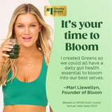 Bloom Nutrition Greens poudre usage quotidien dans eau ou jus.