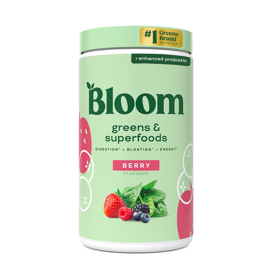 Bloom Nutrition poudre de verdure verte dans son flacon, apport léger d'énergie pour la journée.