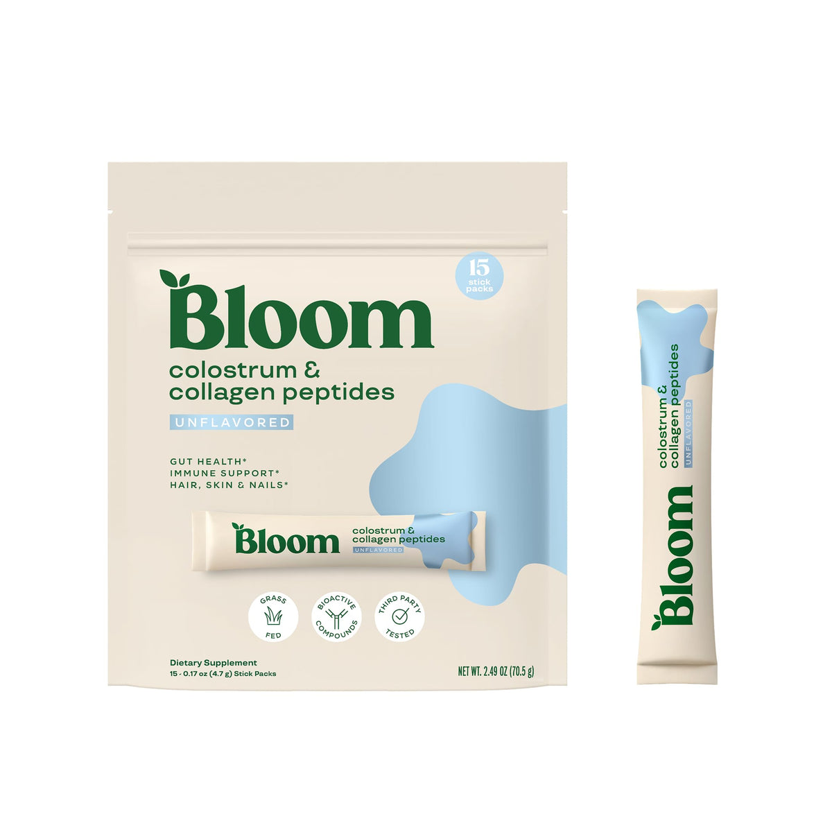 Bloom Nutrition Poudre de colostrum bovin en sachet ouverte pour une utilisation pratique et immunitaire