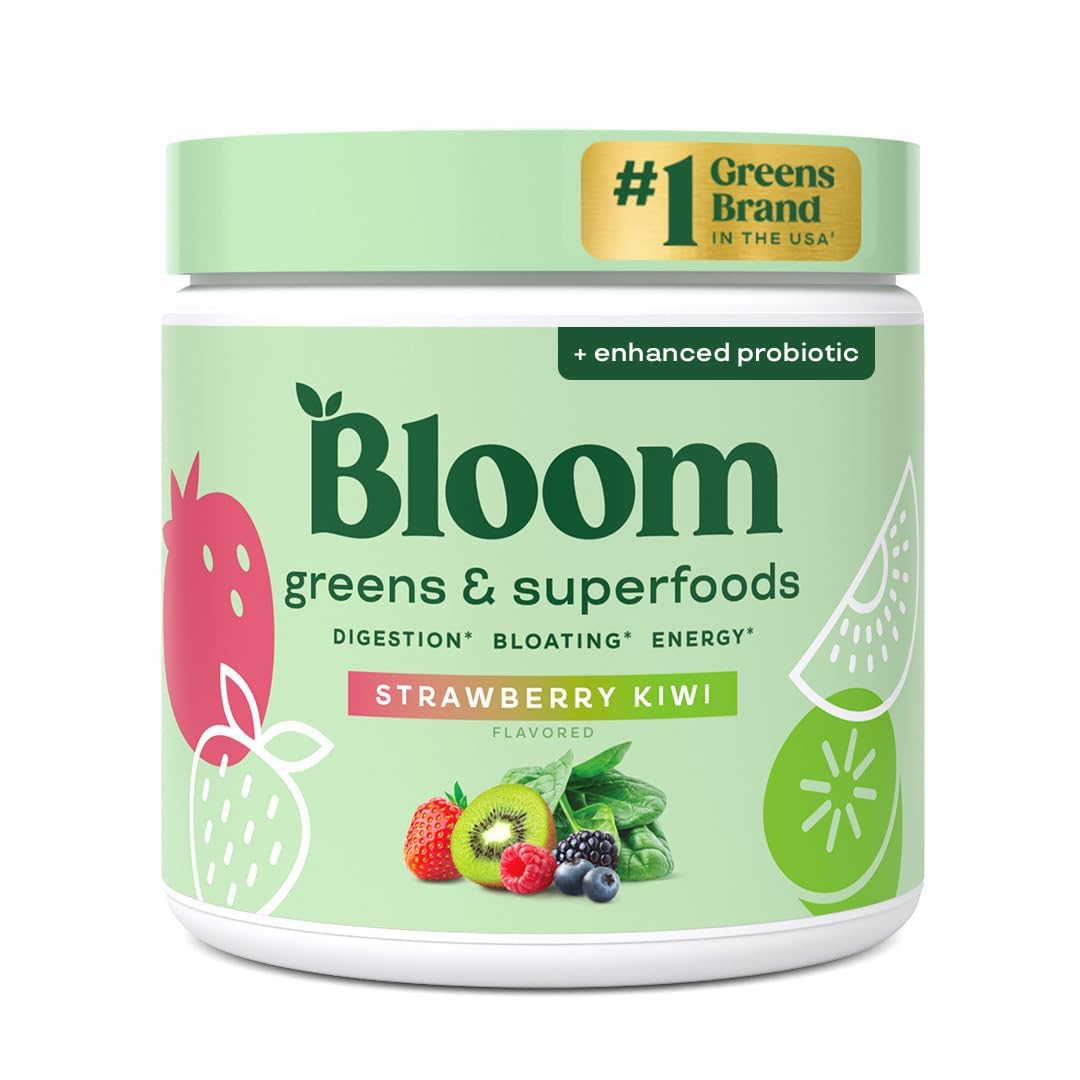 Bloom Nutrition Poudre verdure et superaliments dans un verre prêt au mélange.
