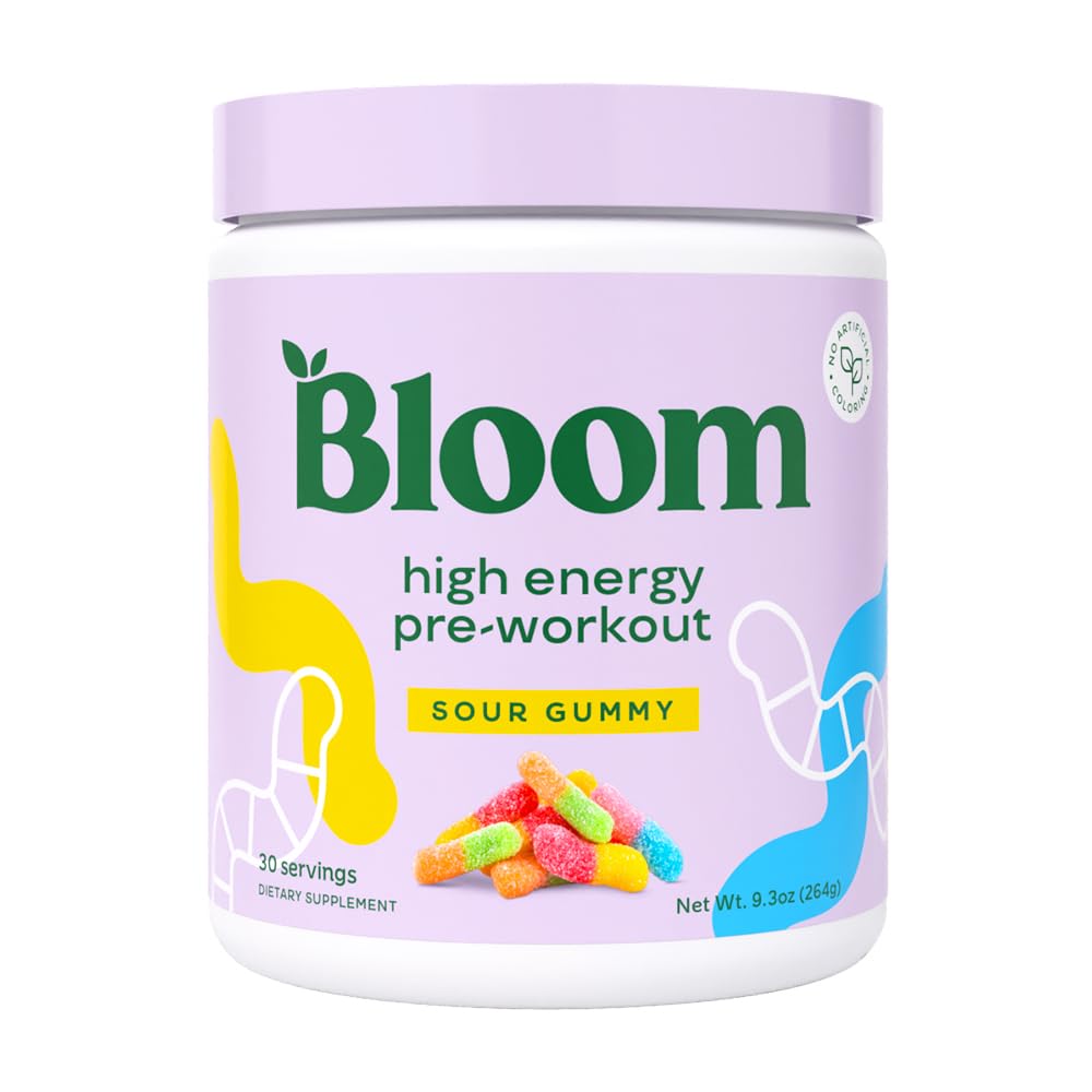 Bloom Nutrition Pre Workout, bouteille prête au goût acidulé.