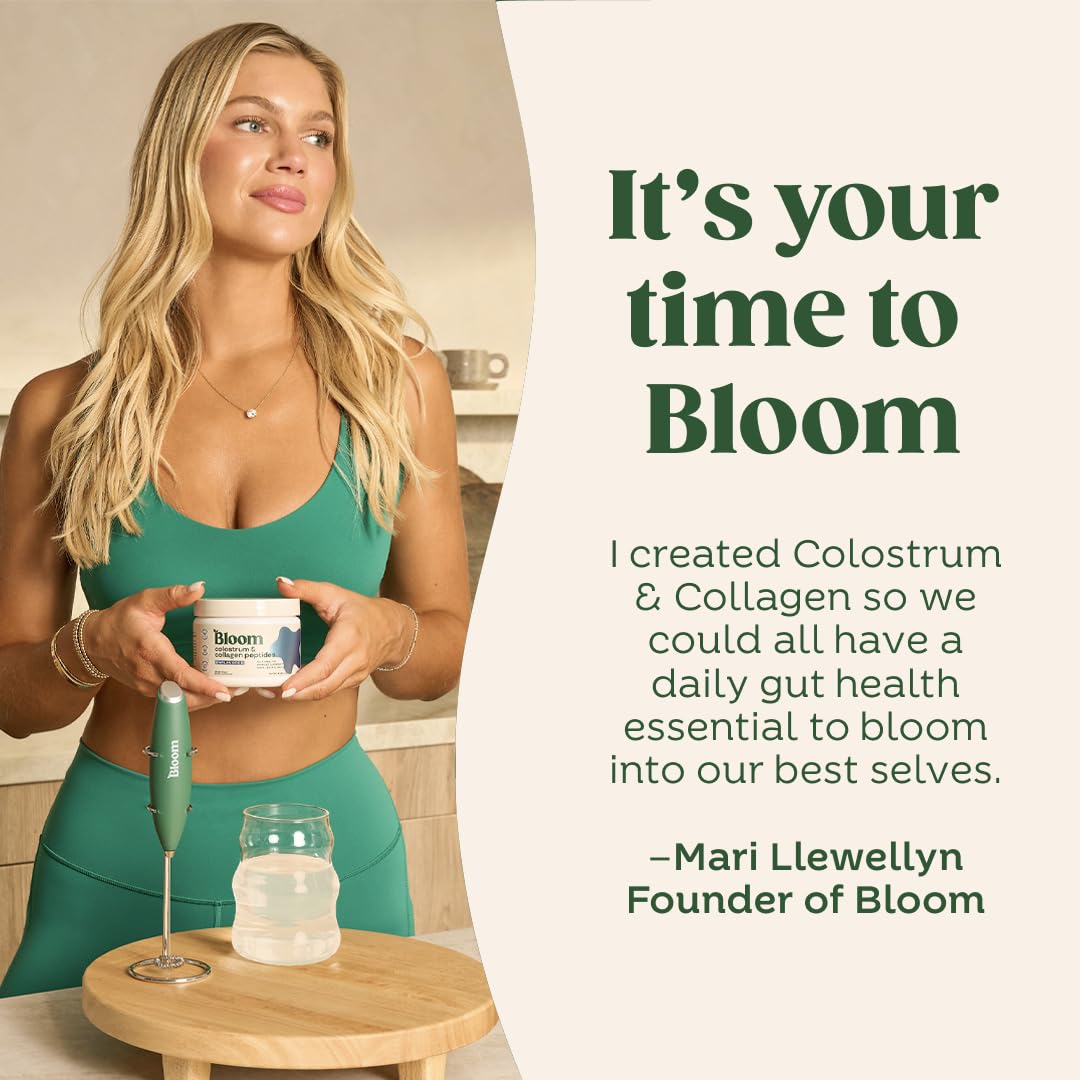 Bloom Nutrition utilisation quotidienne poudre colostrum, texture fine et absorption facile.