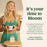Bloom Nutrition utilisation quotidienne poudre colostrum, texture fine et absorption facile.