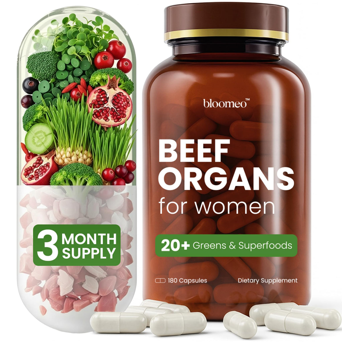 Bloomeo – Bouteille d'organes boeuf nourris à l'herbe, soutien potentiel pour l'équilibre hormonal et énergie.