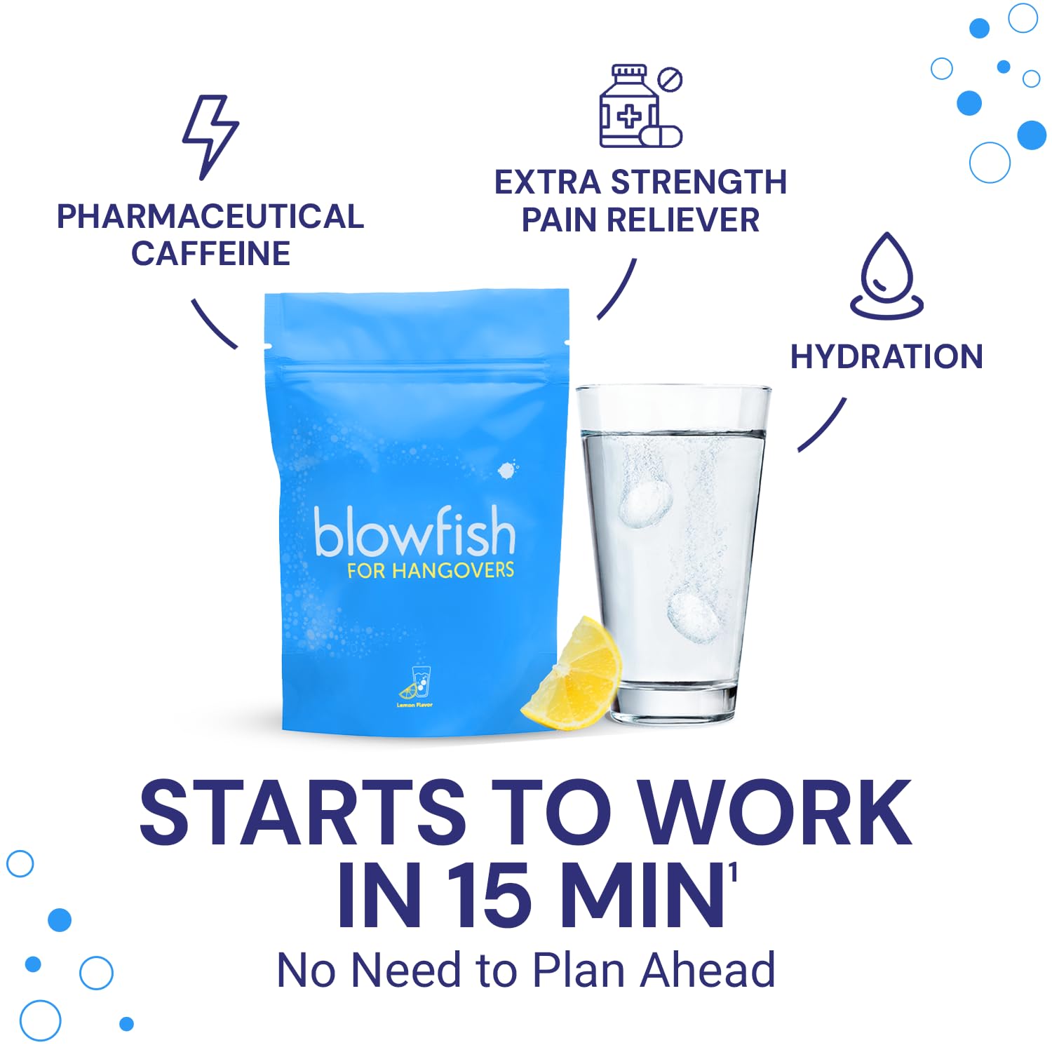 Blowfish tablettes effervescente dans verre d'eau pour soulagement rapide.