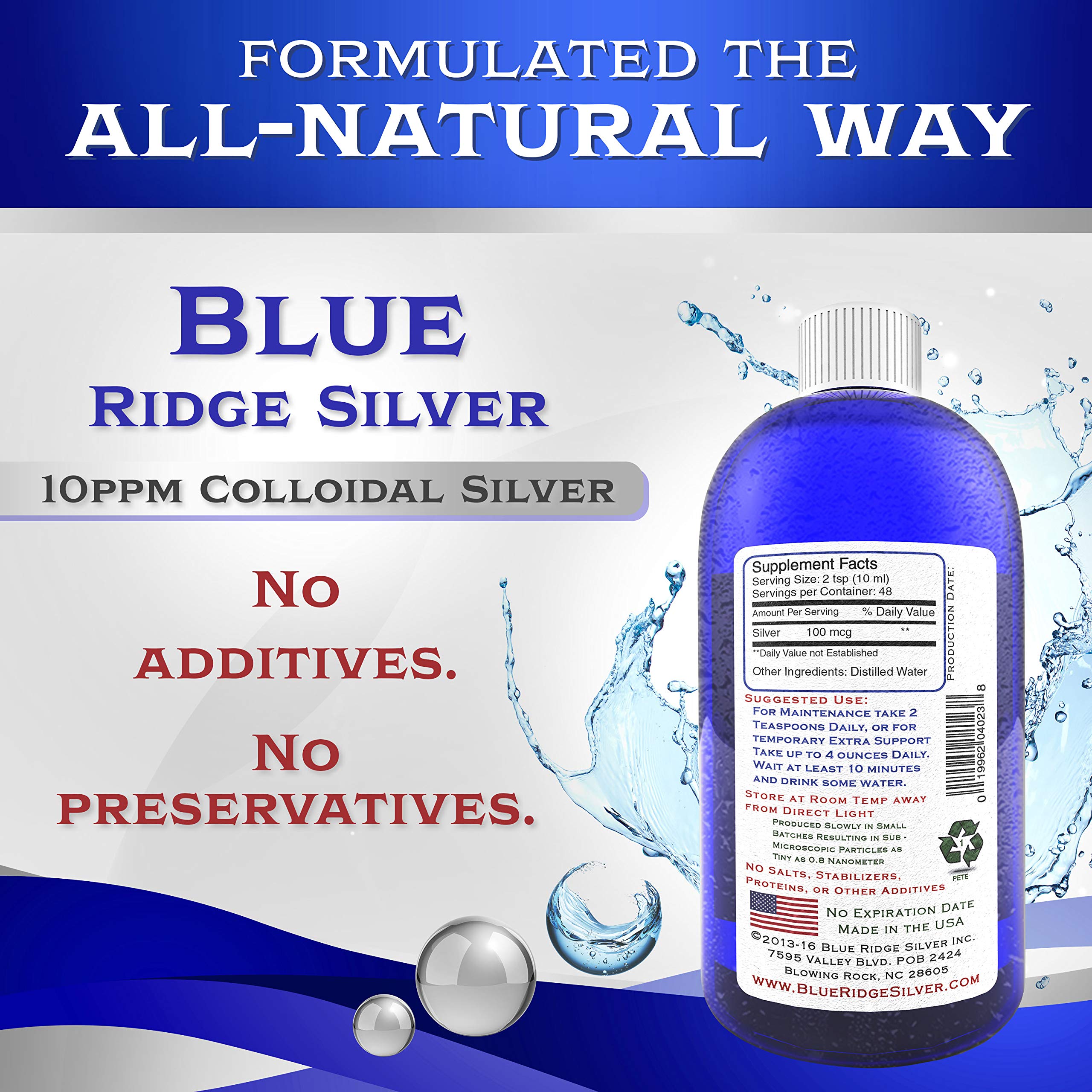 Blue Ridge Silver — Emballage PETE sans BPA, stockage sécurisé et recyclable.