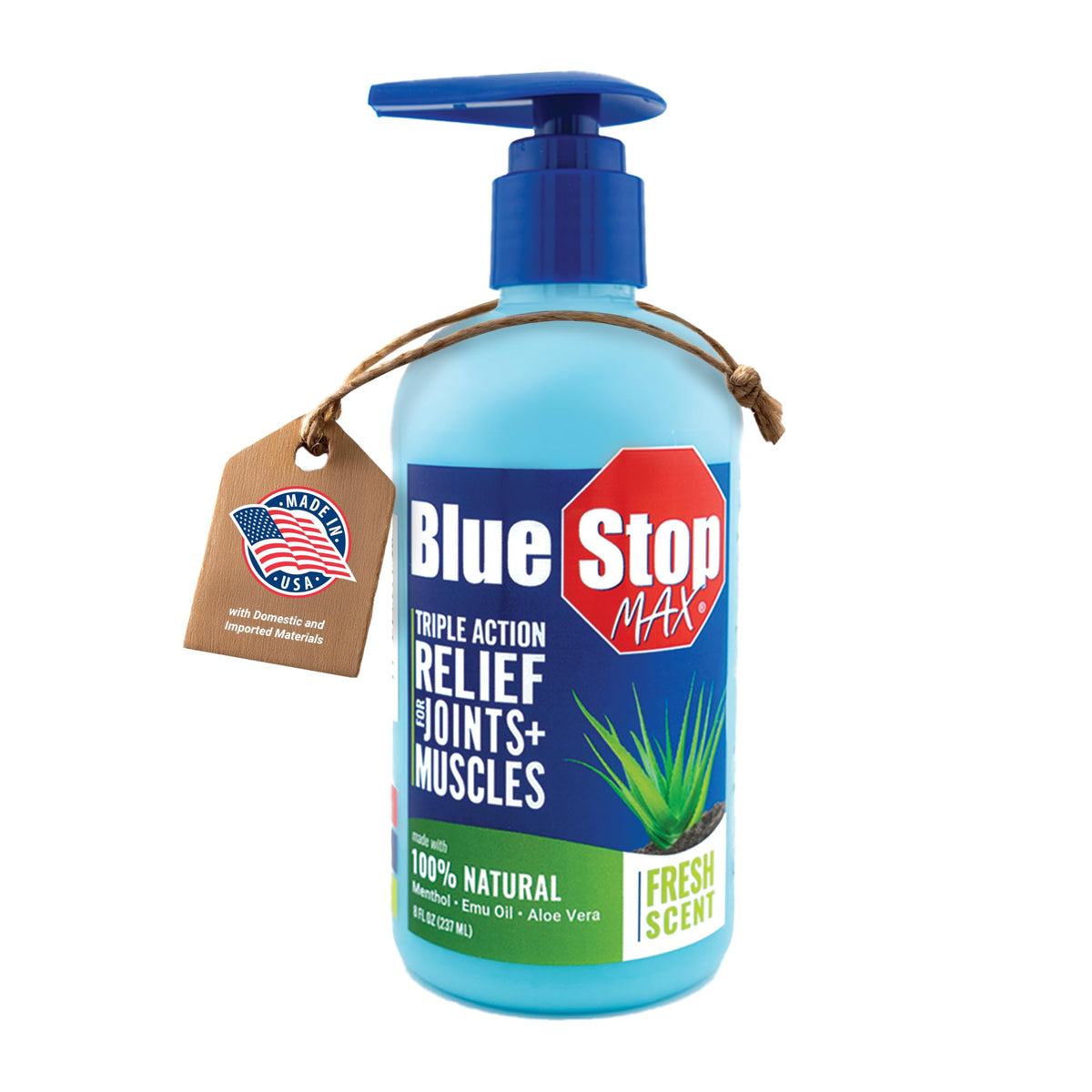 Blue Stop Max: gel de massage en bouteille pompe, soulagement ciblé des tensions.
