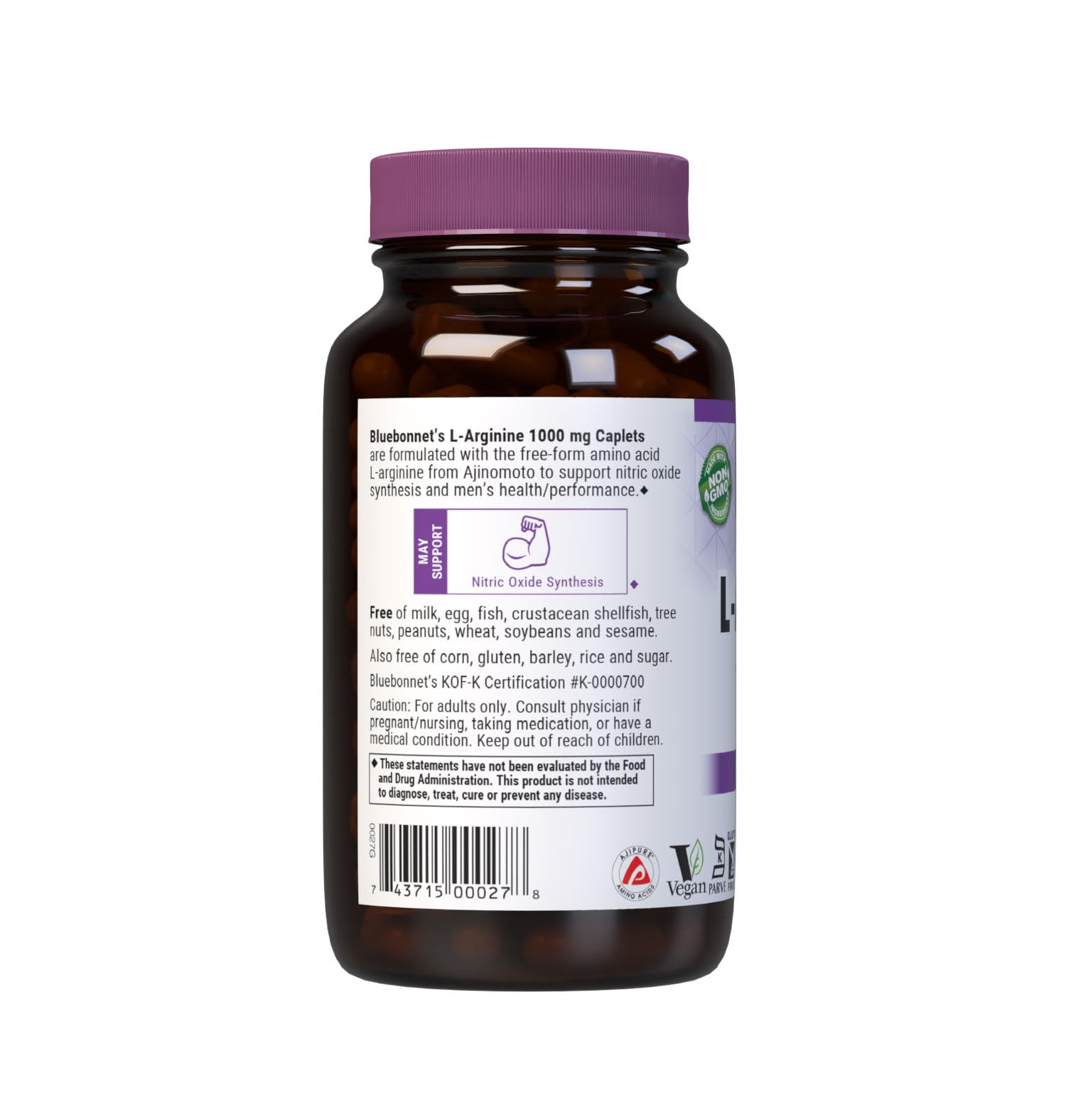 Bouteille BlueBonnet L-Arginine 1000 mg, format pratique pour l'utilisation quotidienne.
