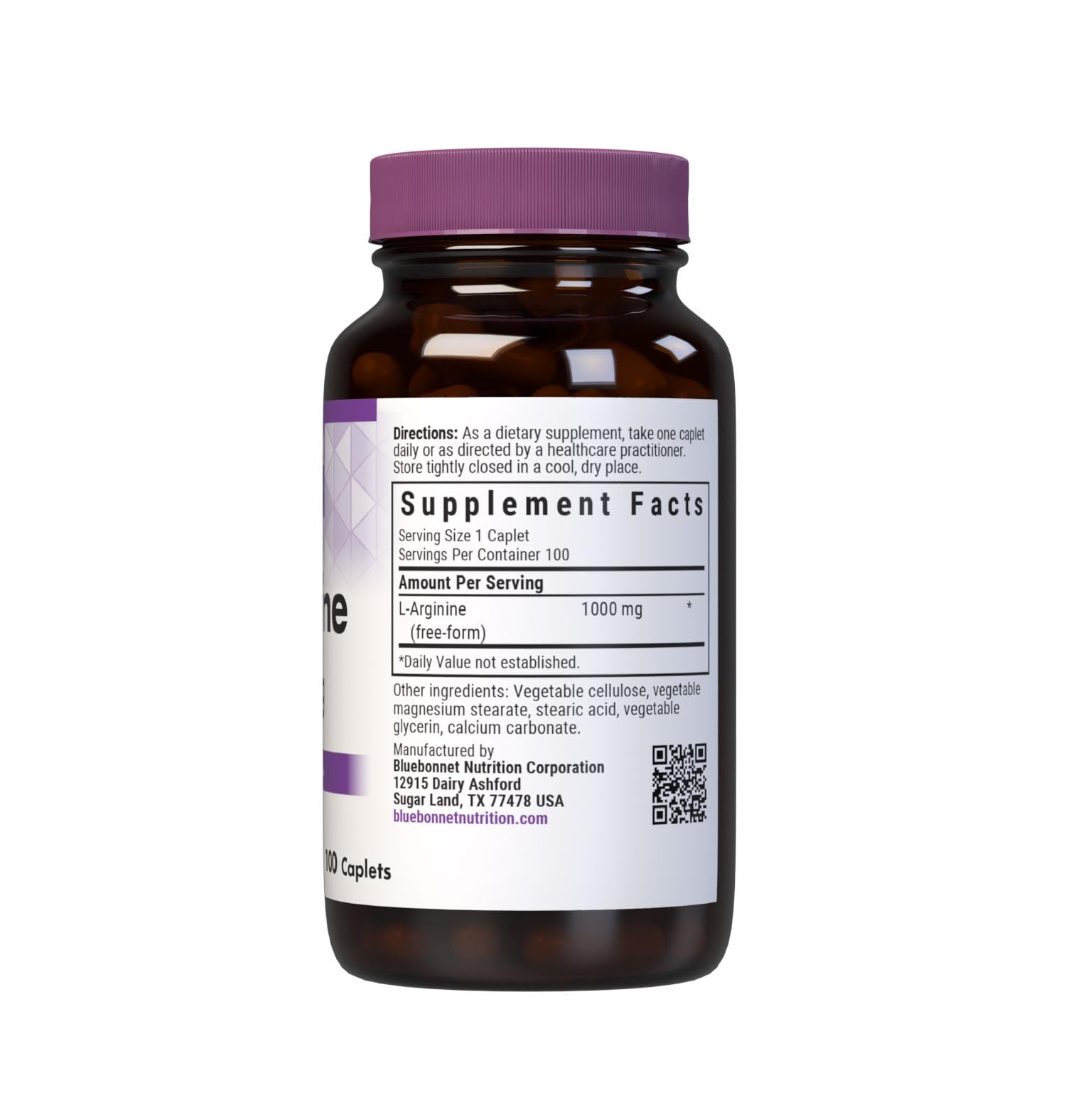 Étiquette du produit BlueBonnet L-Arginine 1000 mg, informations claires et fiables.