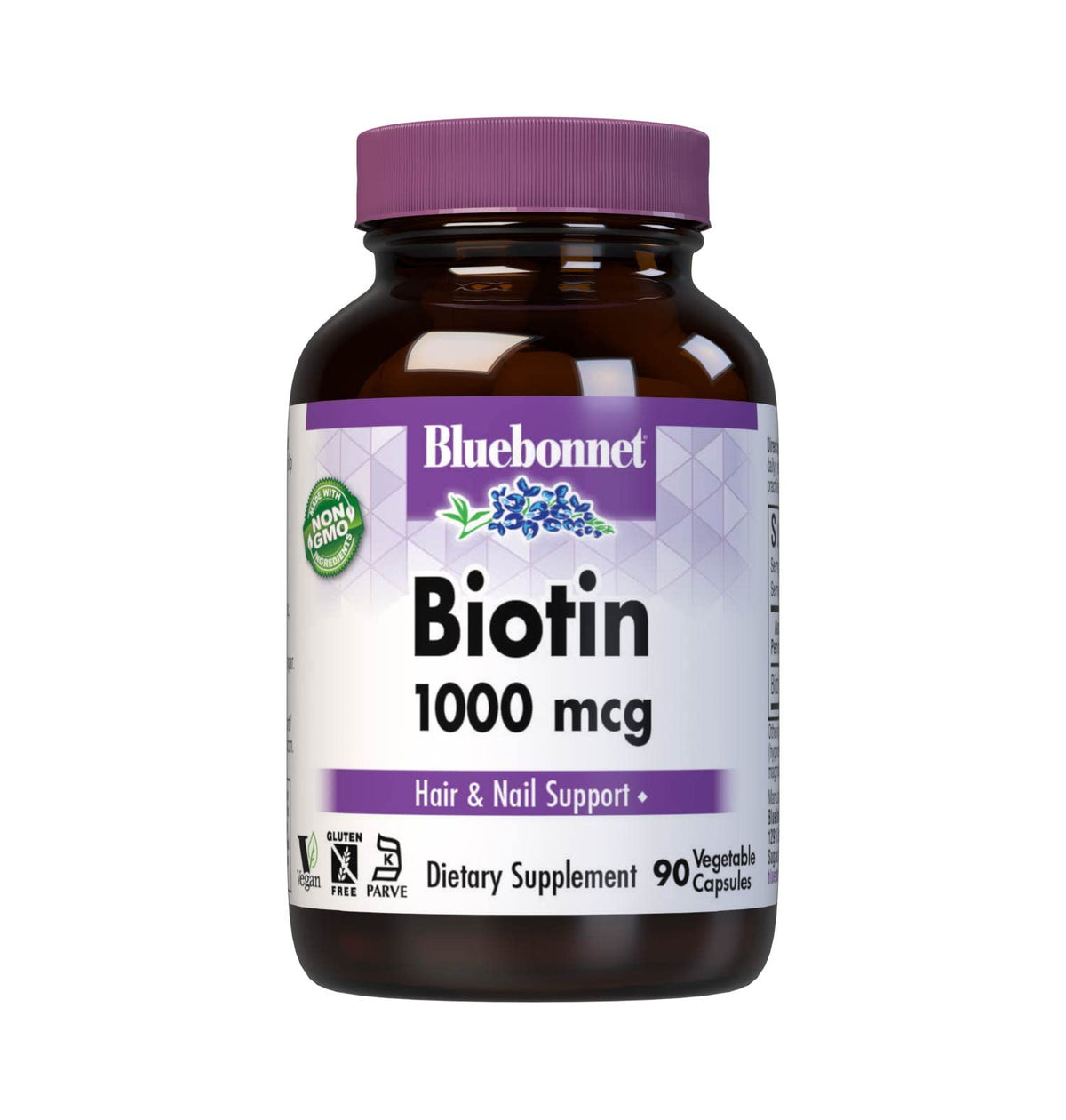 BlueBonnet Biotine 1000 mcg, capsules végétales pour cheveux et peau sains.