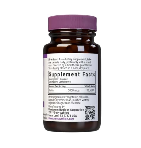 Bluebonnet Biotine 5000 mcg, bouteille opaque facilitant le dosage quotidien.