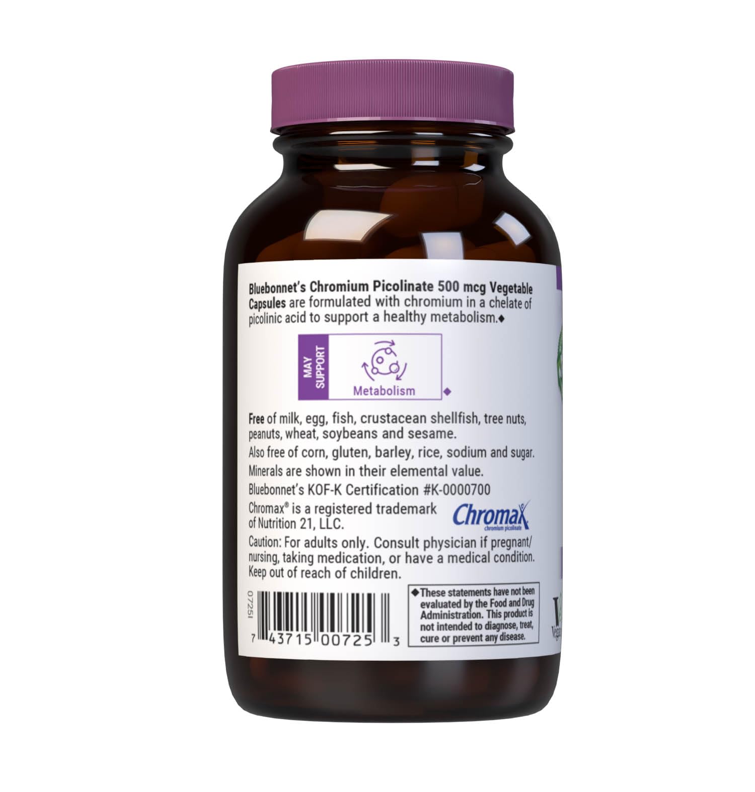 BlueBonnet Chromium Picolinate, étiquette indiquant 500 mcg et 100 capsules.