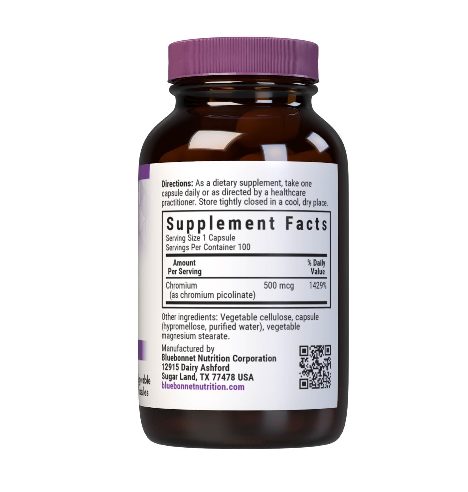 BlueBonnet Chromium Picolinate, gélules végétales adaptées au régime vegan et sans allergènes.