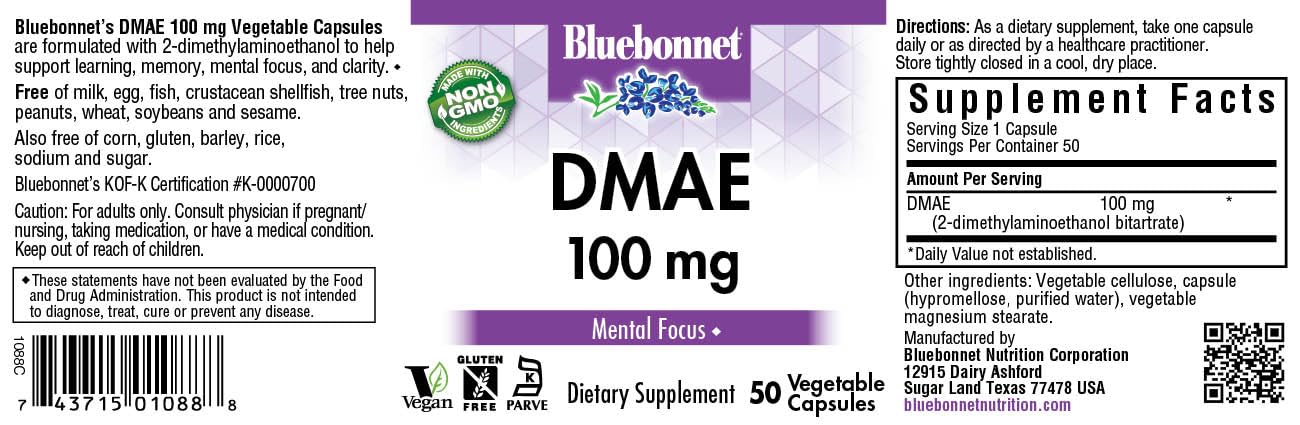BlueBonnet DMAE 100 mg : gélules végétales faciles à avaler et adaptées au régime végan
