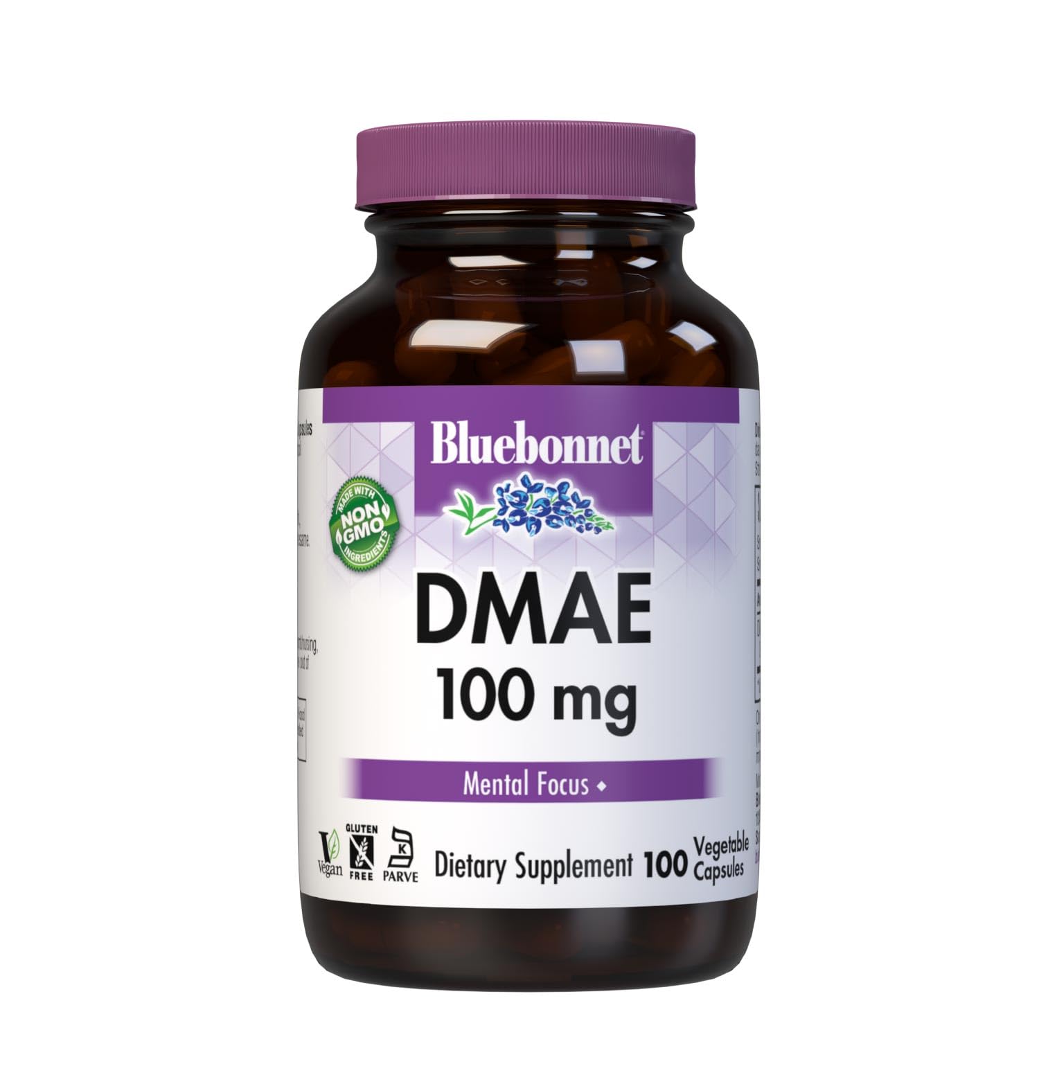 Capsules DMAE BlueBonnet de 100 mg, formulation végétale, soutien potentiel de la clarté mentale.