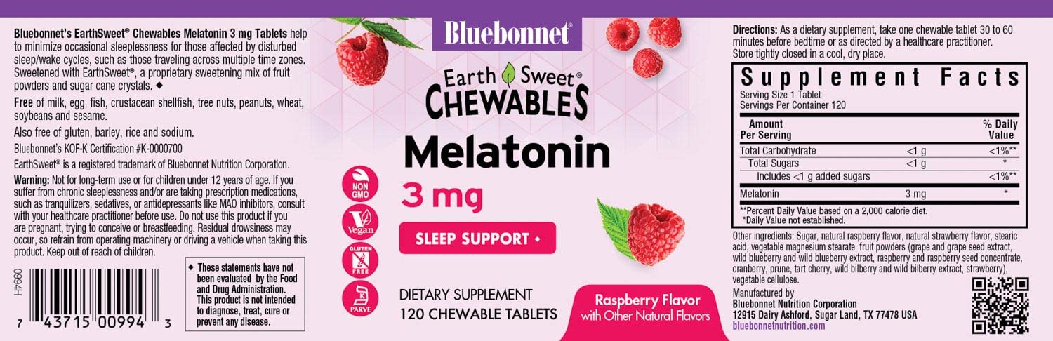 Bouteille BlueBonnet EarthSweet Mélatonine au design compact et pratique.