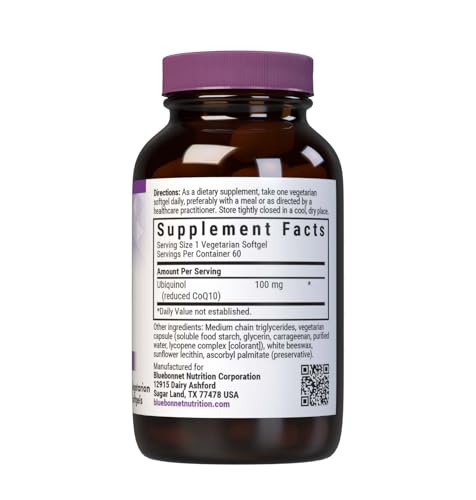 Bluebonnet CoQ10 ubiquinol gélules végétariennes, faciles à avaler, absorption potentielle.