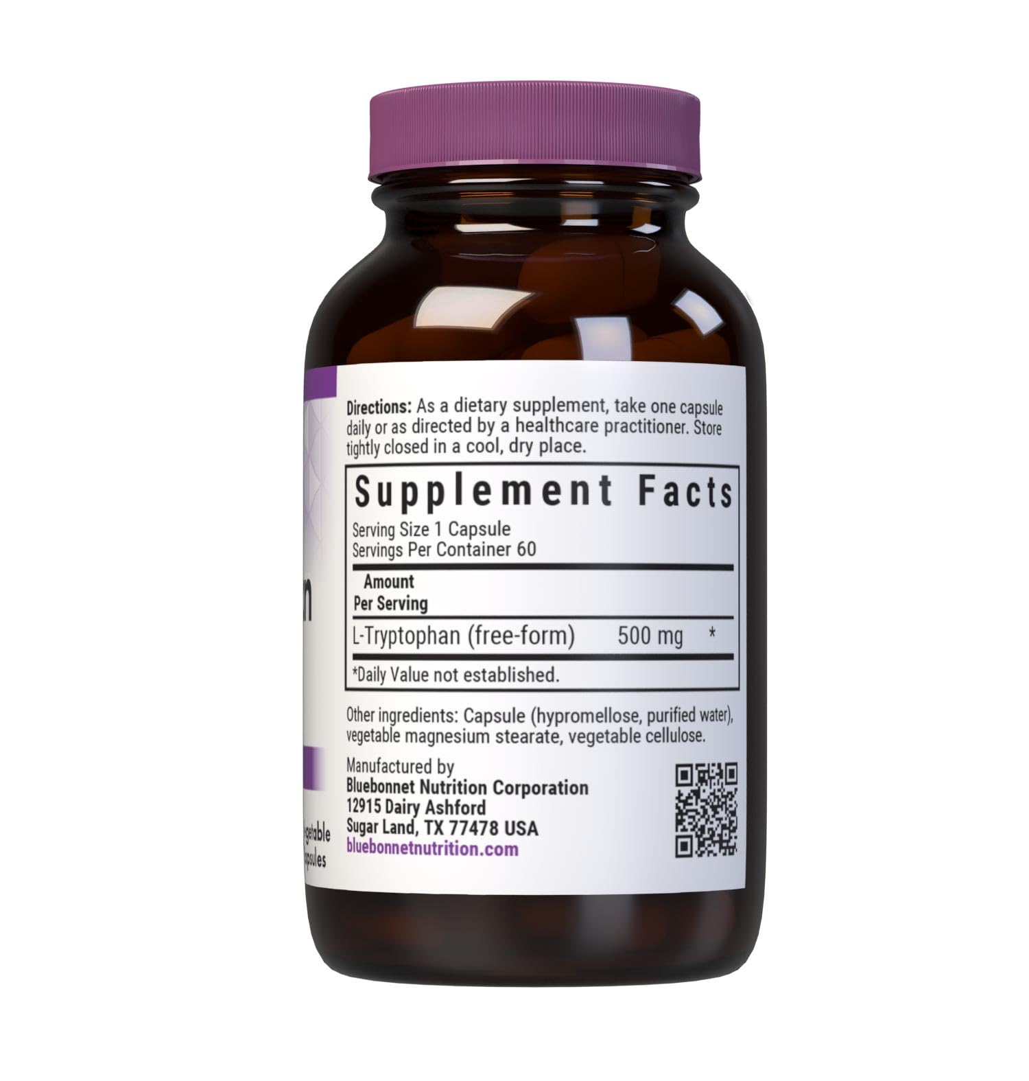 BlueBonnet L-Tryptophane: étiquette-bouteille montrant les mentions sans gluten et vegan.
