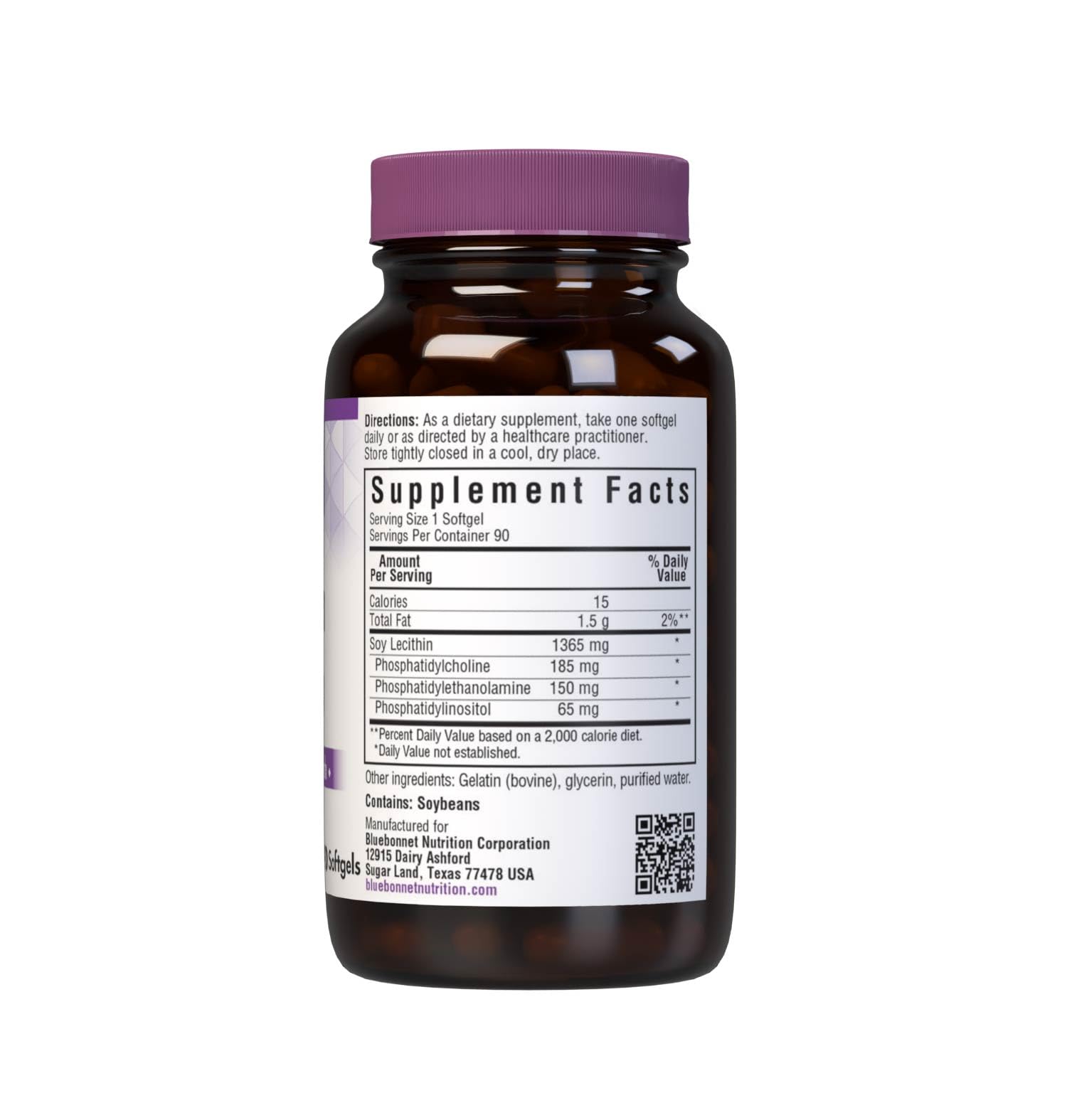 BlueBonnet Lécithine 1365 mg — bouteille de 90 capsules, format pratique pour l’usage quotidien.