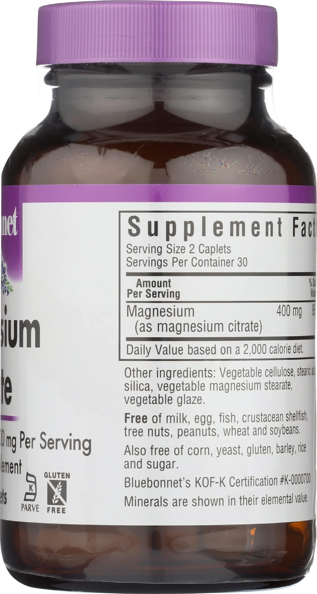 BlueBonnet Magnésium Citrate 400 mg, caplets respectueux de l'environnement et sans lactose.