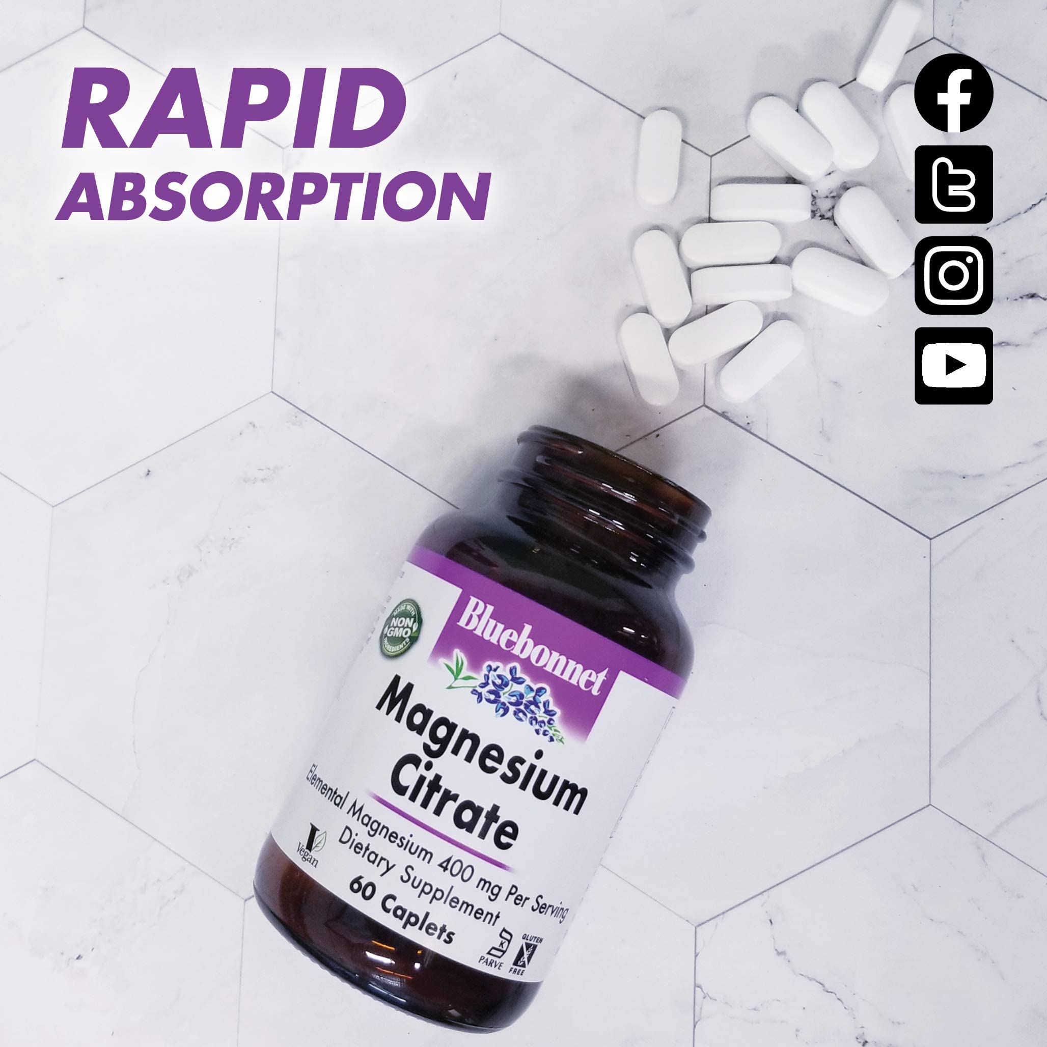 BlueBonnet Magnésium Citrate 400 mg, emballage certifié casher et vegan.