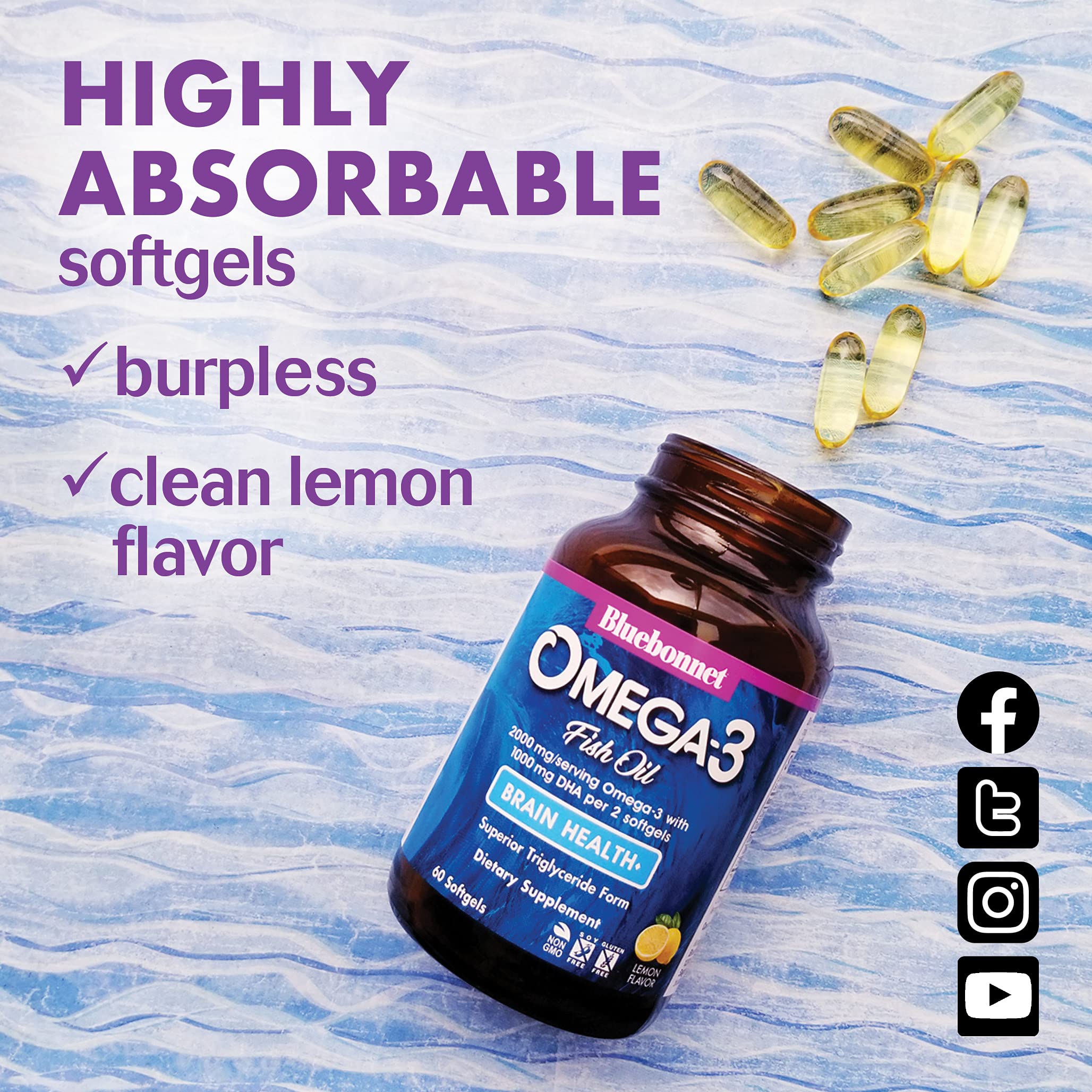 BlueBonnet Omega-3 Brain Formula, gélules à absorption rapide.