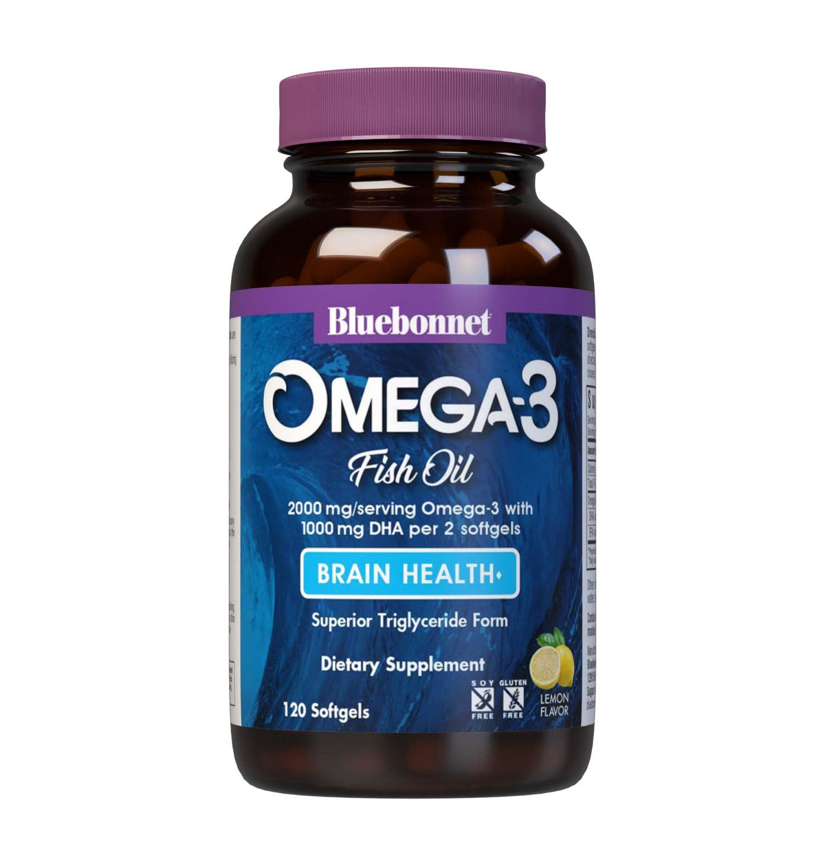 BlueBonnet Omega-3 Brain Formula, gélules citron, soutien cognitif potentiel.