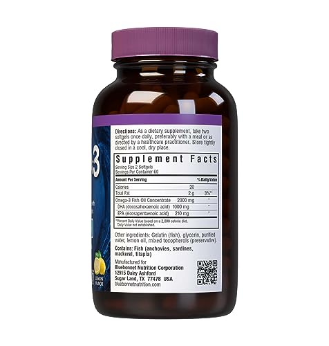Goût citron et parfum frais dans les gélules BlueBonnet Omega-3 Brain Formula.