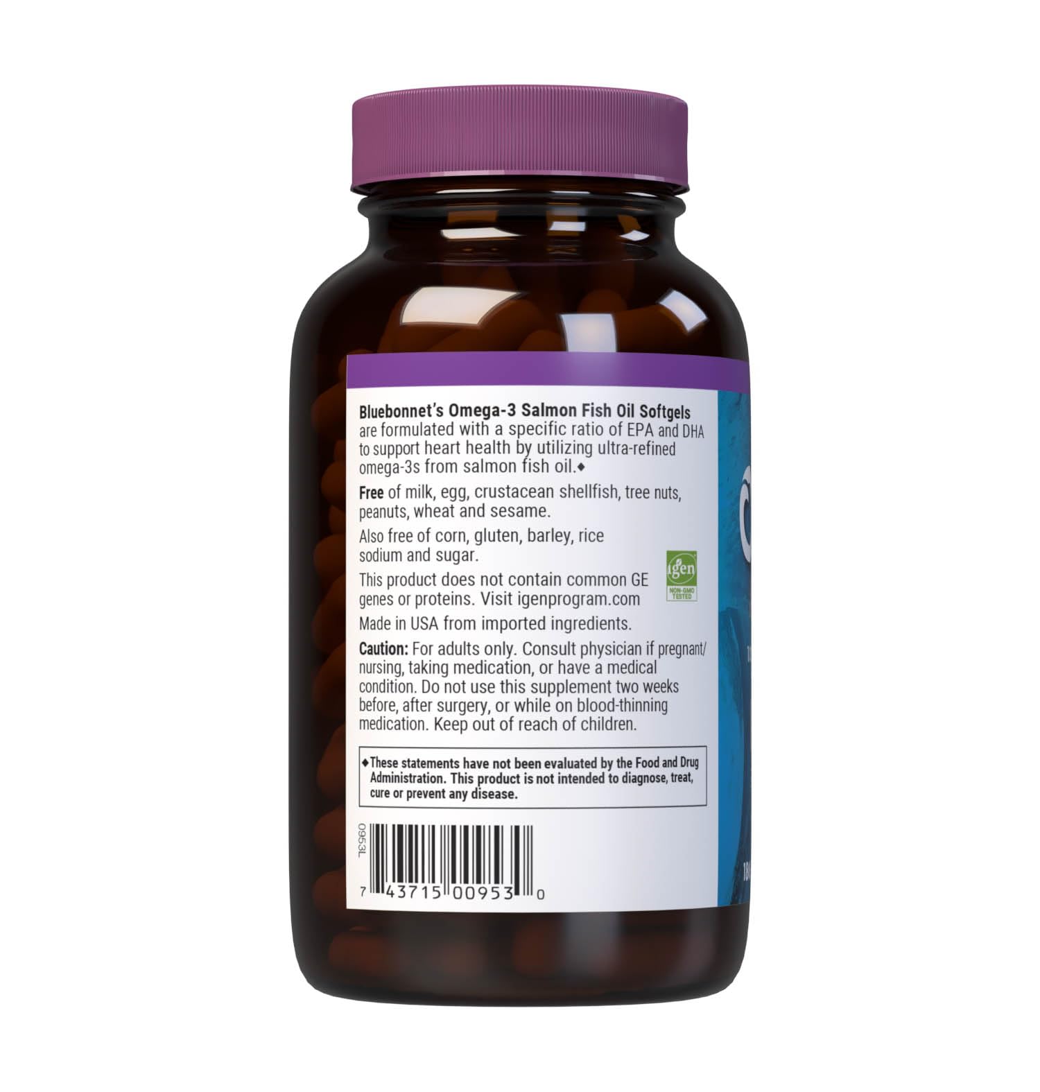 BlueBonnet Oméga-3 Saumon sans gluten et sans lait, adapté à certains régimes.