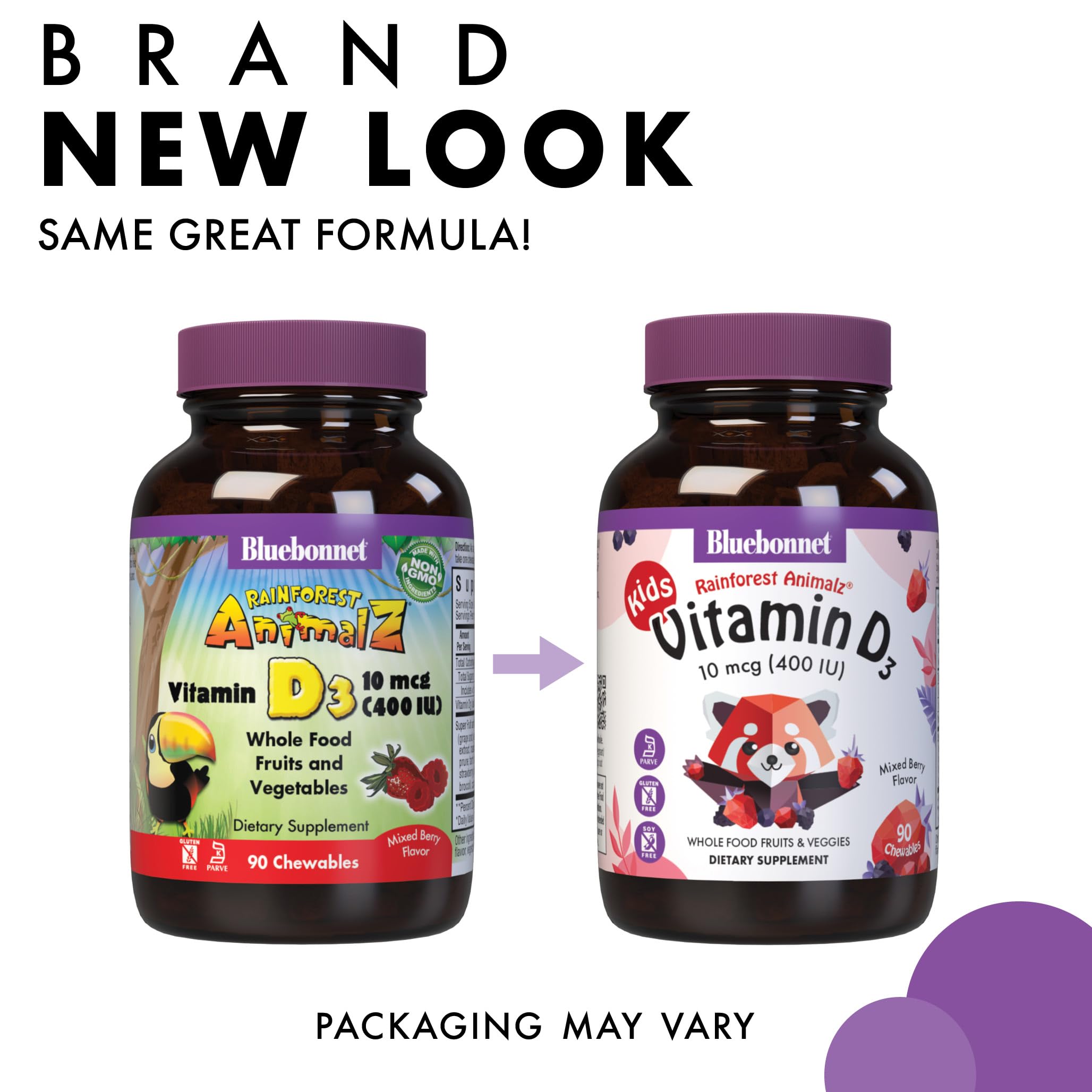 Bluebonnet Rainforest Animalz, ingrédients super fruits et légumes, mélange nutritif pratique.