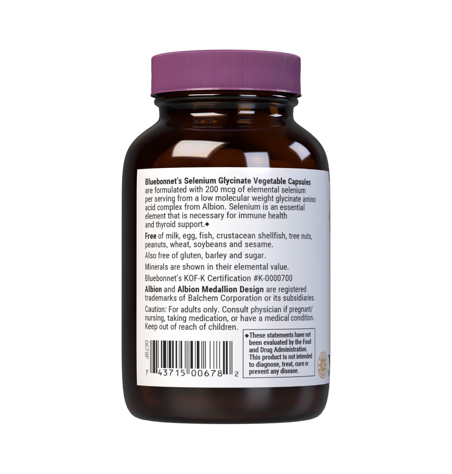 BlueBonnet Selenium Glycinate, étiquette indiquant 200 µg, sans gluten et sans allergènes majeurs