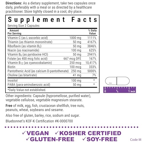 BlueBonnet Stress B Complex, capsules végétales: absorption optimisée pour une routine vegan.