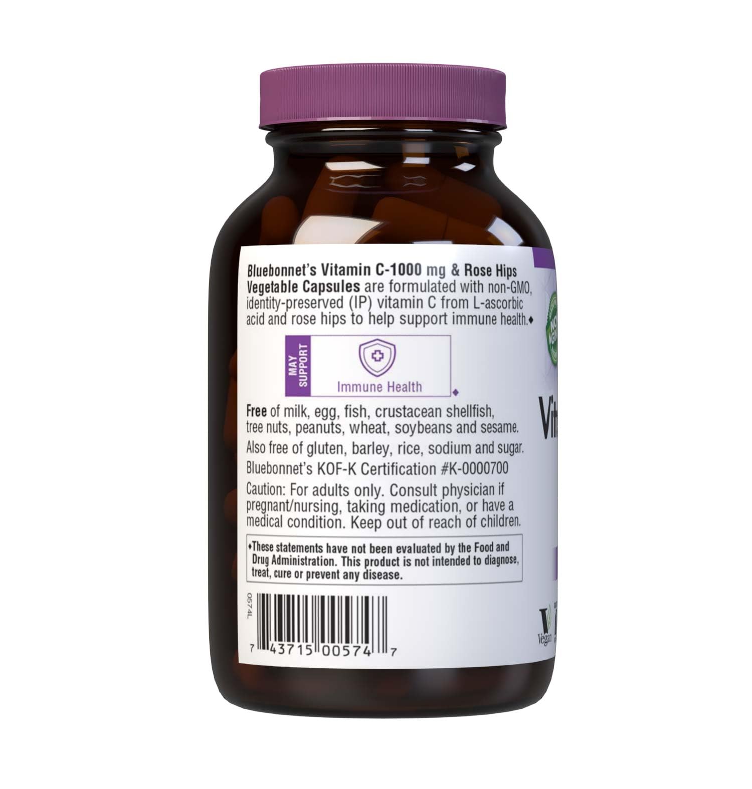 Étiquette claire et flacon refermable de Bluebonnet Vitamin C-1000 mg avec rose musquée.