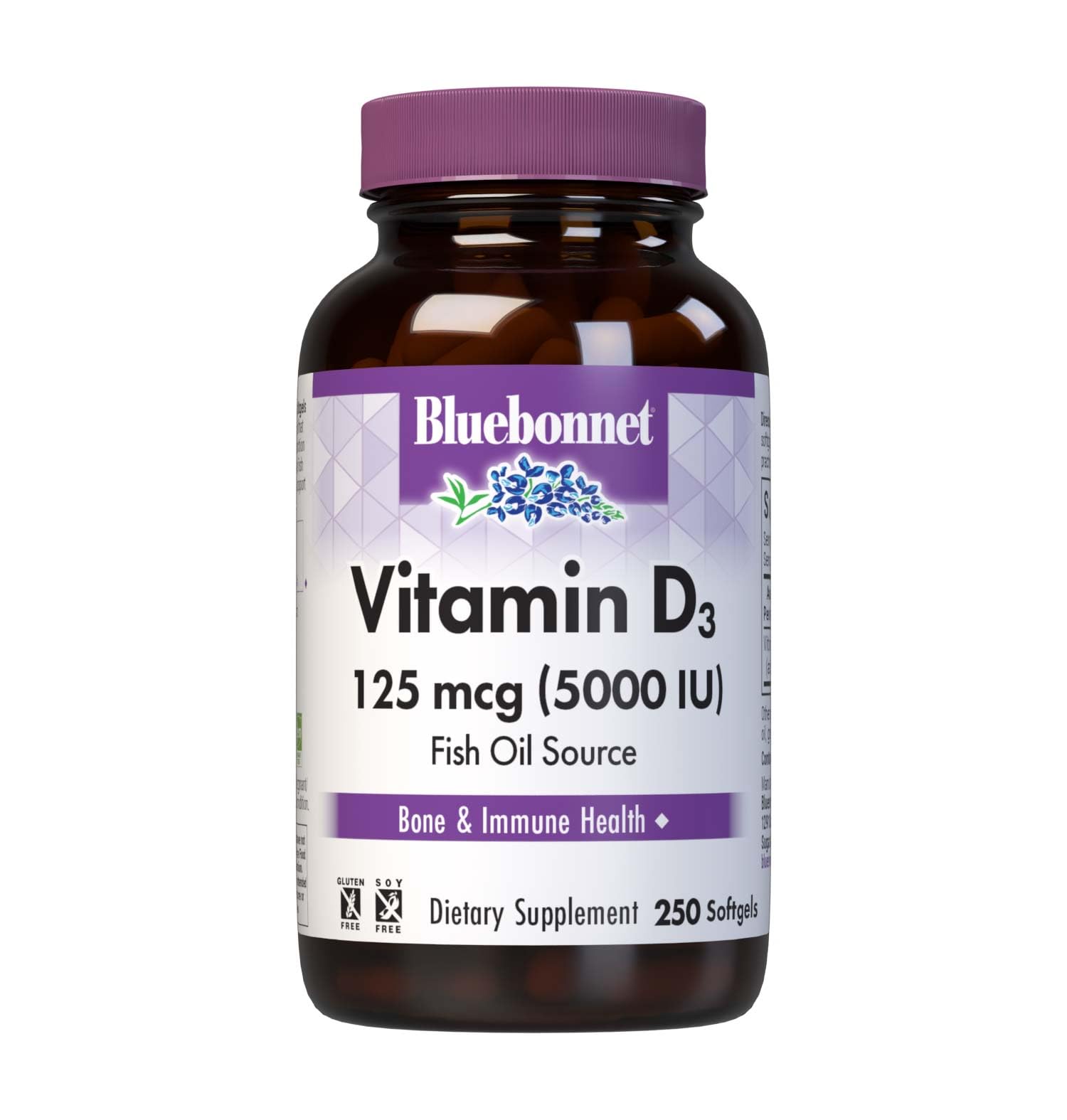 BlueBonnet Vitamine D3 5000 UI – emballage jaune, gélules faciles à avaler pour un soutien quotidien.