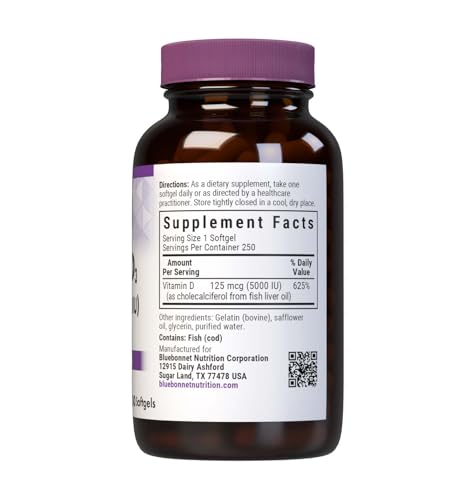 BlueBonnet Vitamine D3 5000 UI – gélules jaunes, huile de foie de poisson de qualité.
