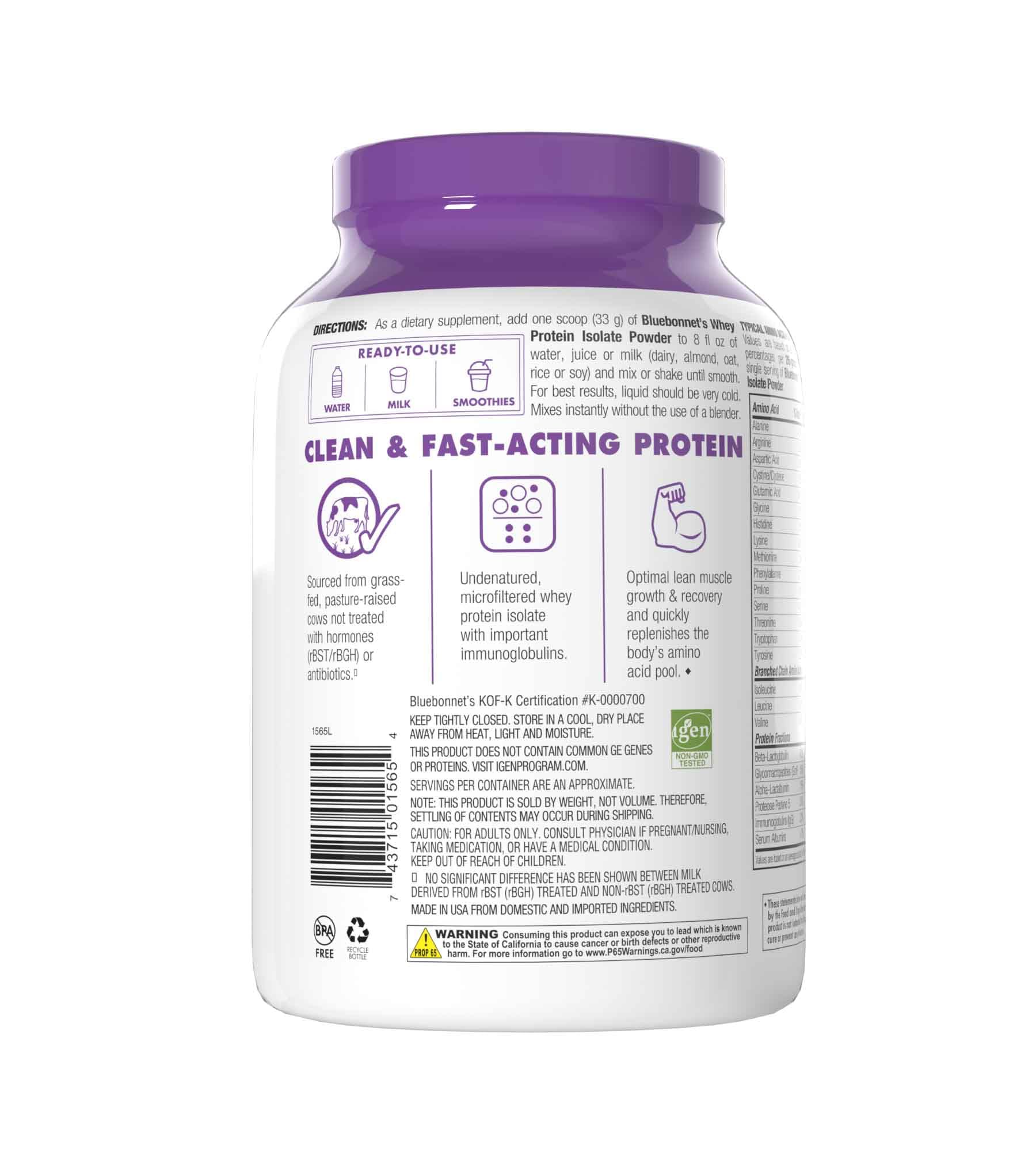 BlueBonnet Whey Isolate – formulation sans allergènes majeurs pour plus de compatibilité.