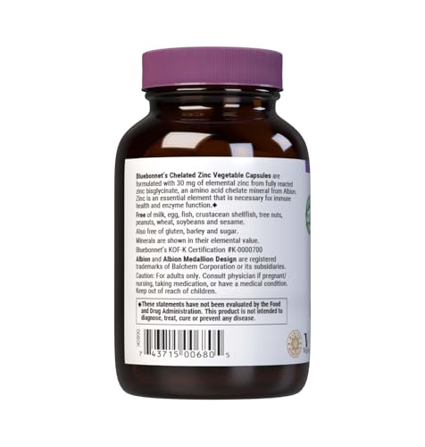 Étiquette BlueBonnet Albion Zinc bisglycinate indiquant les caractéristiques sans allergènes.