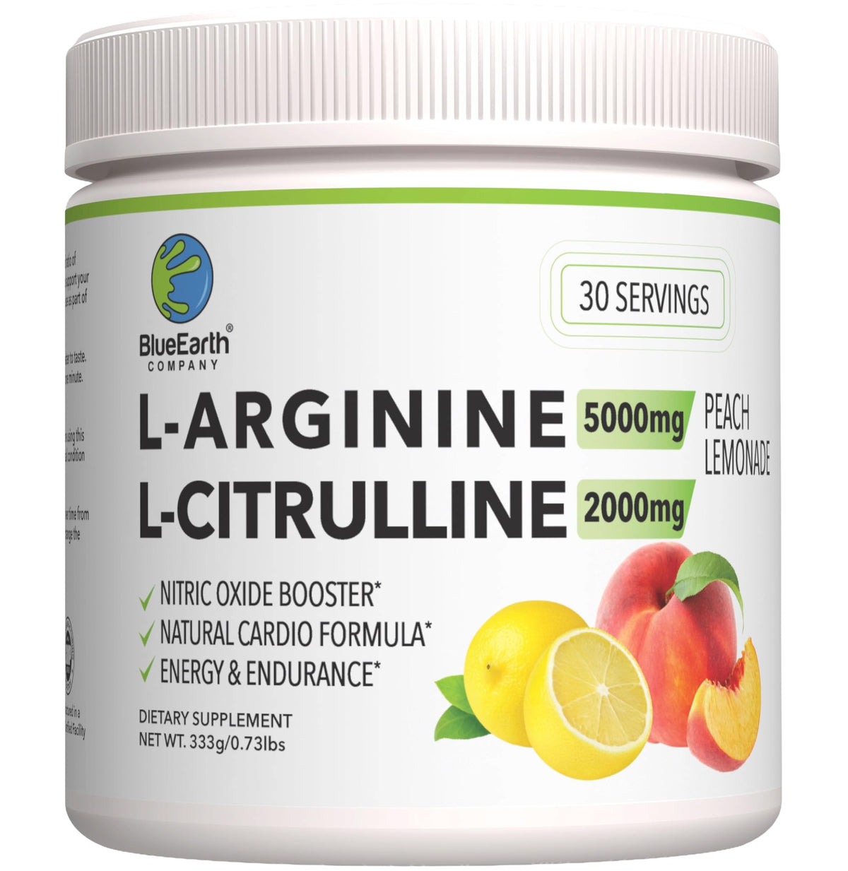 BlueEarth Company L-Arginine et L-Citrulline en poudre Peach Lemonade dans une bouteille colorée.