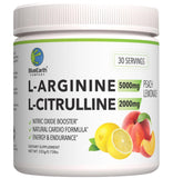 BlueEarth Company L-Arginine et L-Citrulline en poudre Peach Lemonade dans une bouteille colorée.
