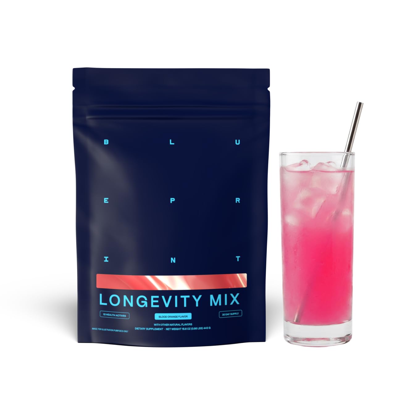 Blueprint Bryan Johnson Longevity Mix dans une bouteille pour une nutrition quotidienne équilibrée.