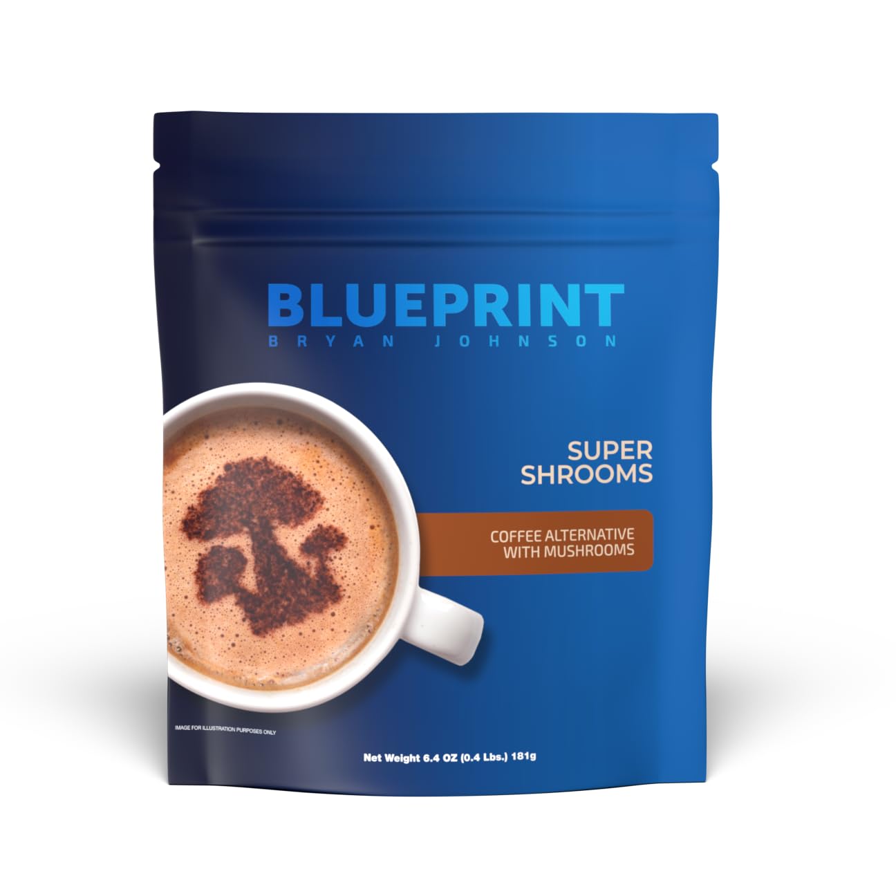 Café Blueprint Bryan Johnson Super Shroom, tasse chaude et concentration soutenue.