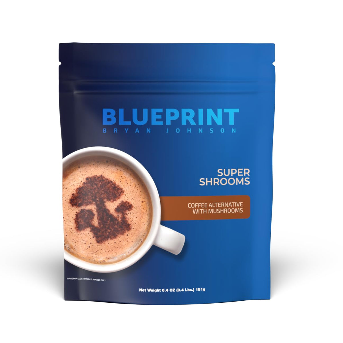 Café Blueprint Bryan Johnson Super Shroom, tasse chaude et concentration soutenue.